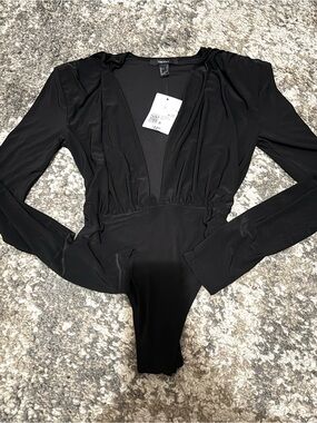 Forever 21 Black Deep V Long-Sleeve Bodysuit